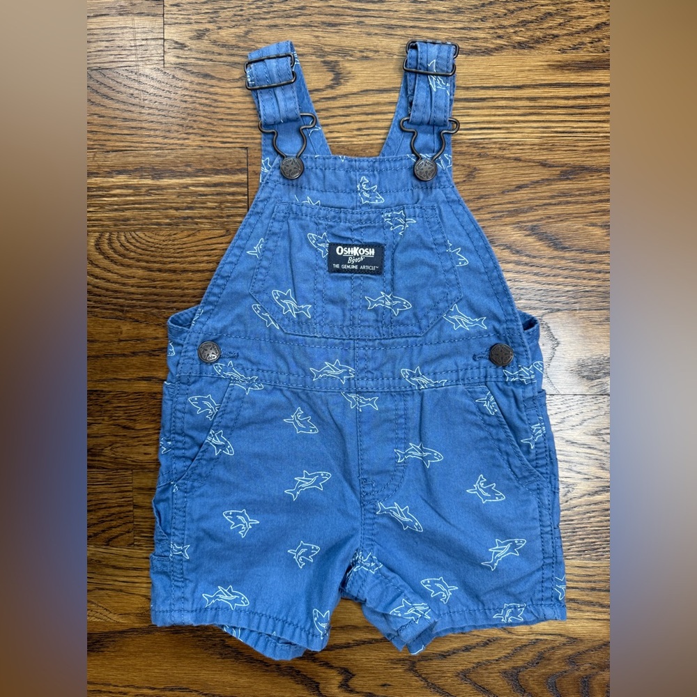 OshKosh B'gosh Kids Blue Cotton Shark Print Shortalls Size 6 Months